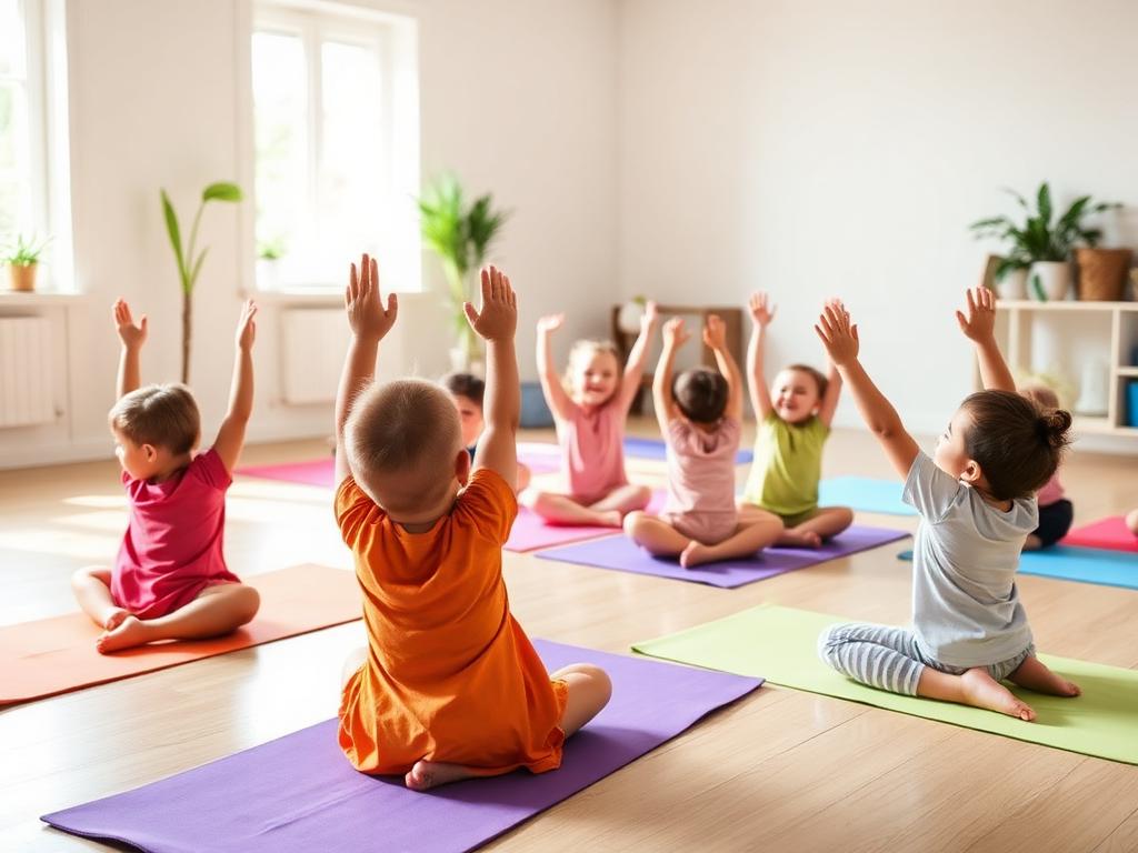Children doing yoga on colourful mats